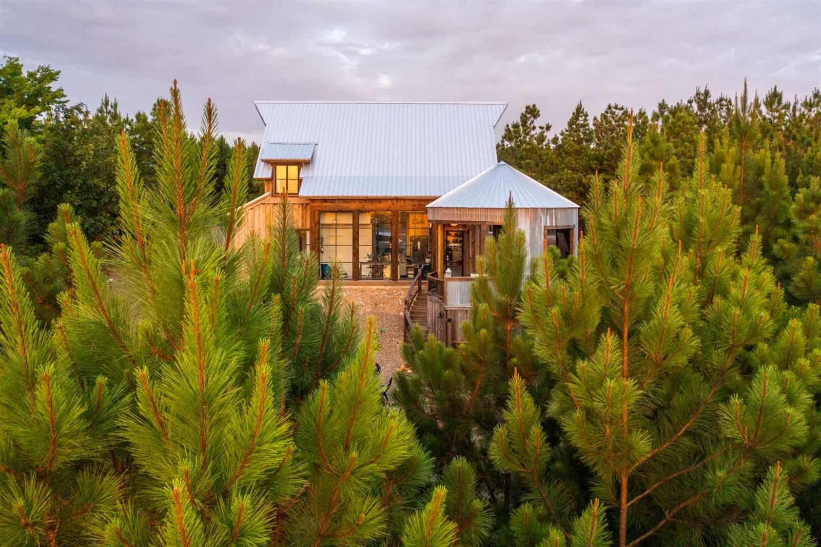 Blue Ridgetop cabin with its silo-shaped tower, seen through the pines at golden hour